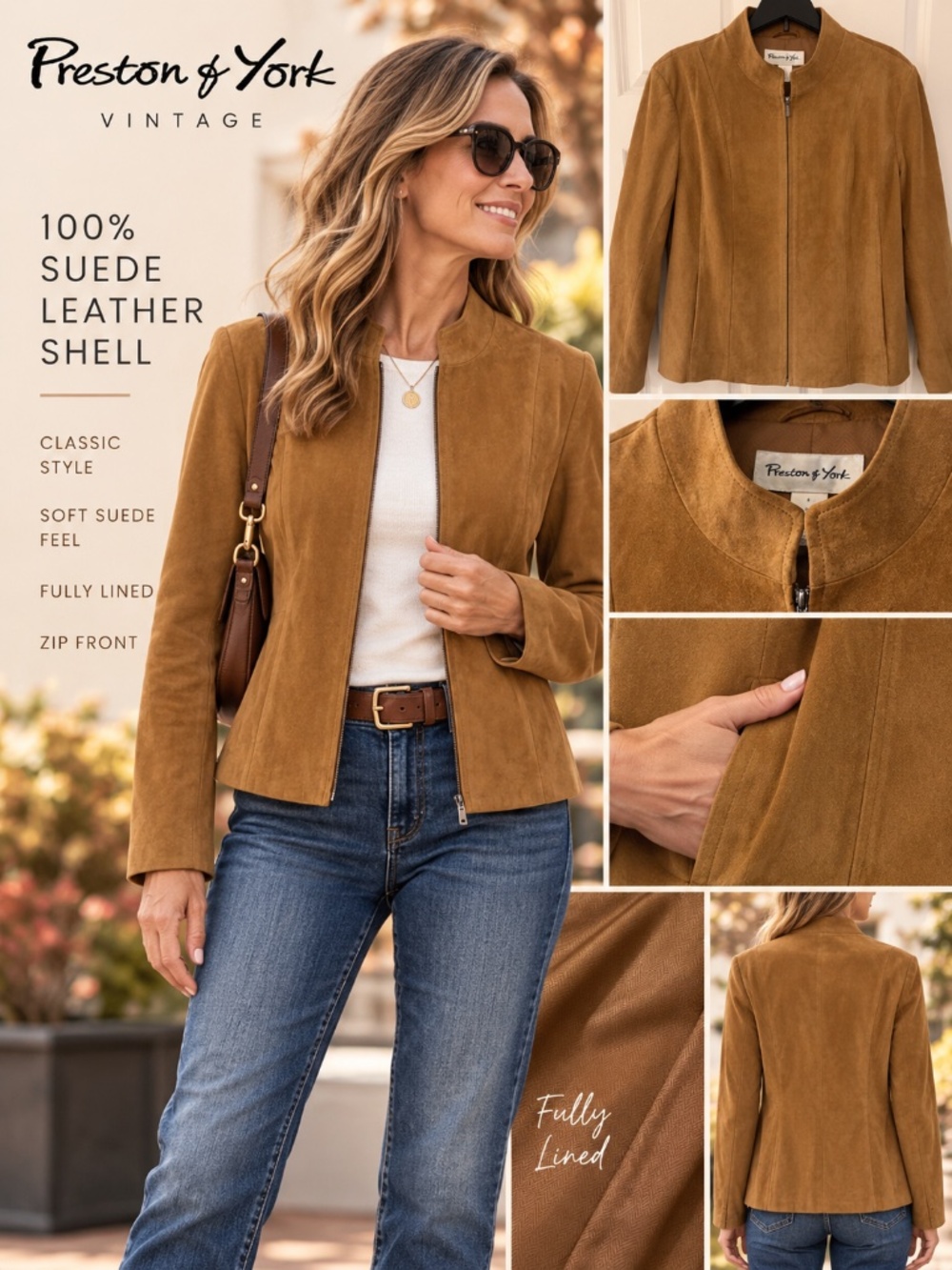Vintage Preston & York Genuine Suede Leather Jacket – Women’s L – Caramel Brown